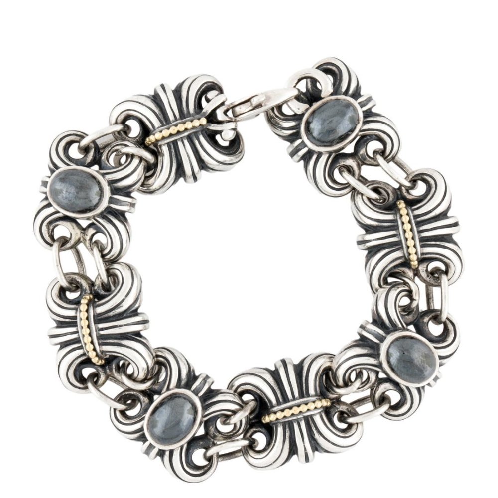 LAGOS STERLING SILVER & 18K YELLOW GOLD HEMATITE FLEUR DE LIS LINK BRACELET - Picture 2 of 10
